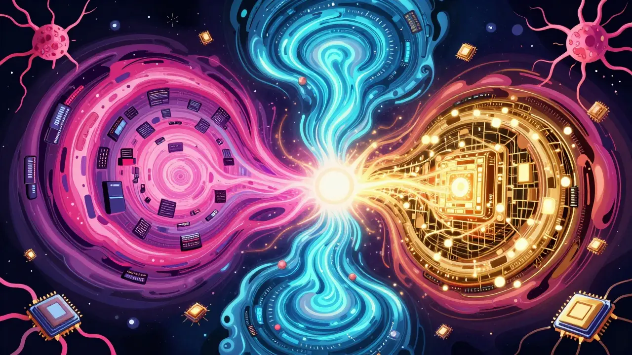 Abstract artistic representation of three AI entities merging into a single powerful core