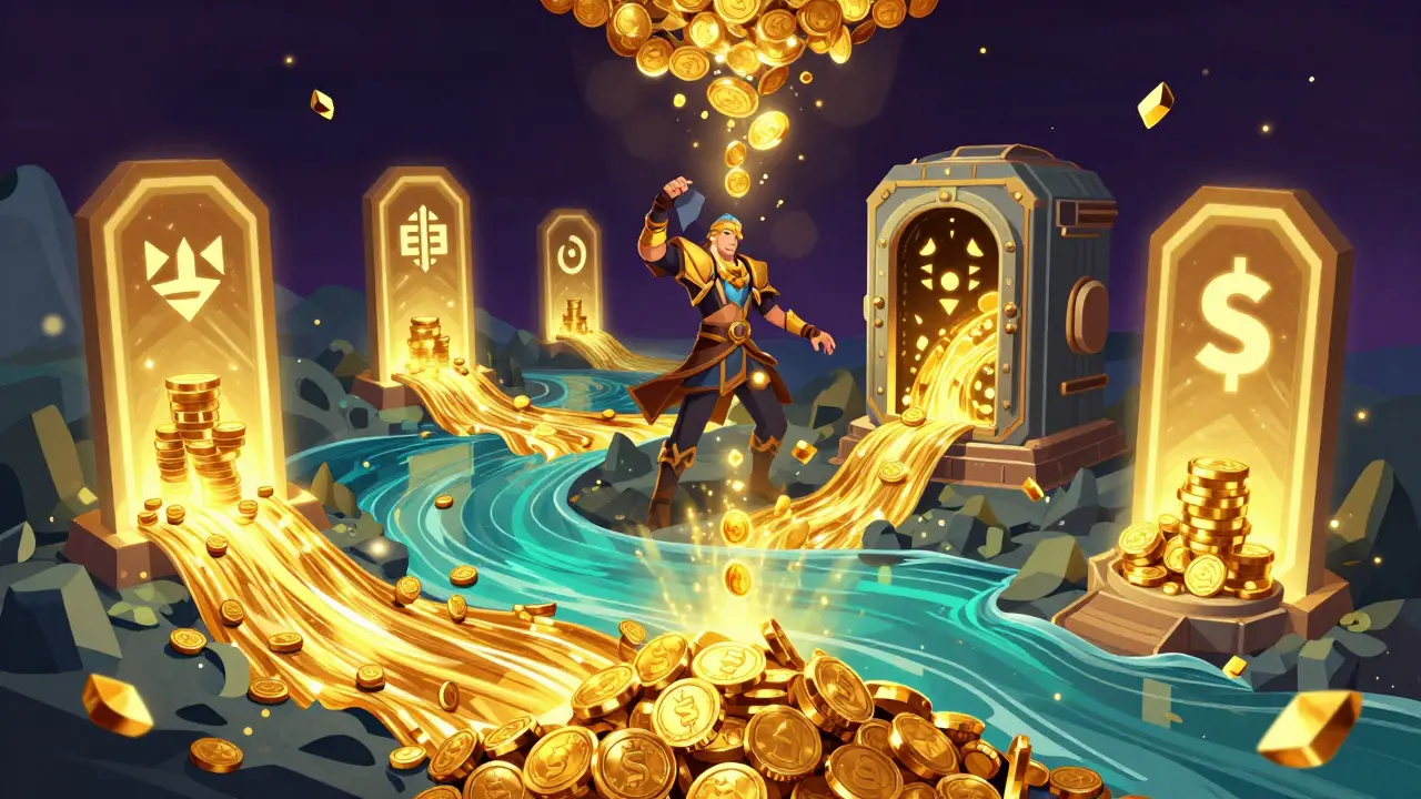 Abstract artwork showing golden token streams flowing into digital vaults with a fantasy game character.