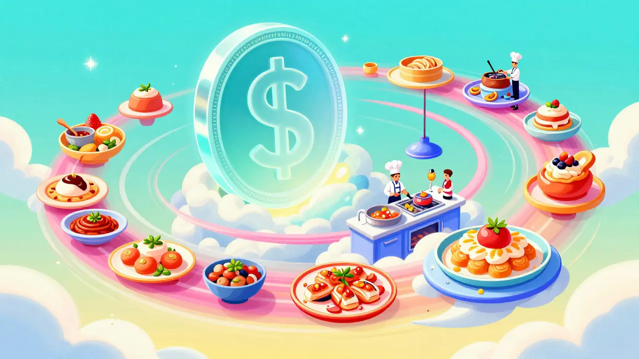 Abstract cartoon of a floating digital kitchen with swirling ingredients and tokens.