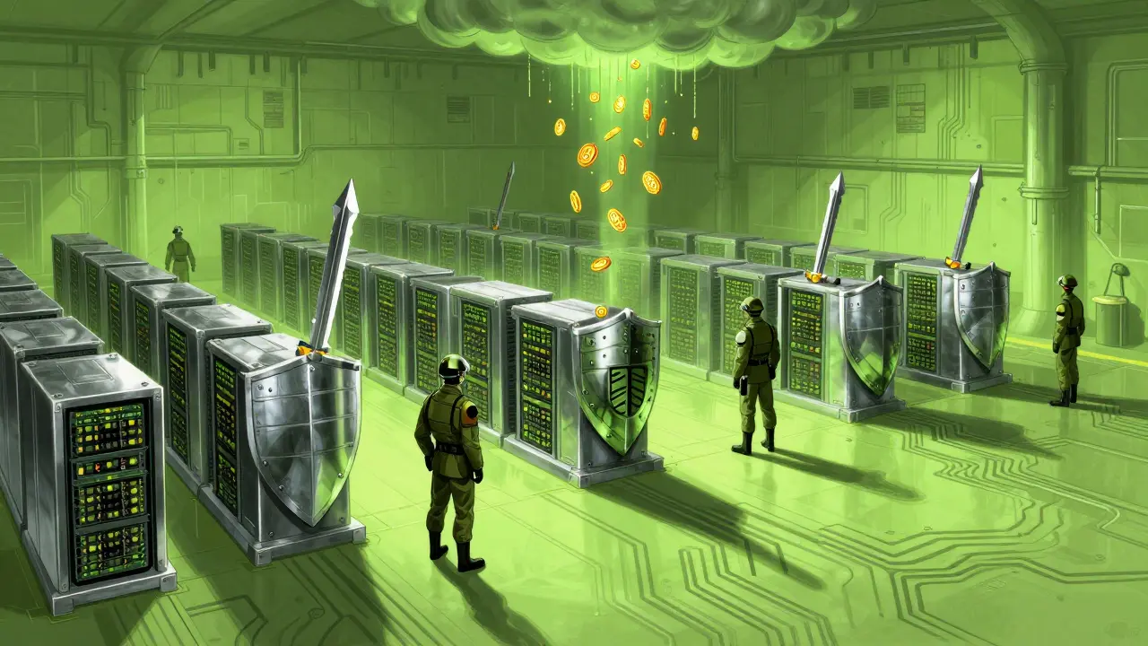 Abstract cartoon of military-guarded crypto servers morphing into shields and swords.