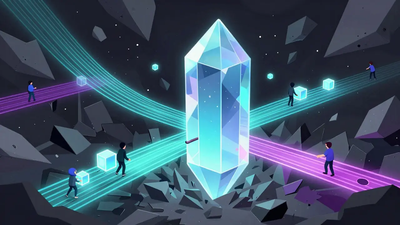 Abstract crystalline prism filtering chaotic data noise into smooth neon ribbons.