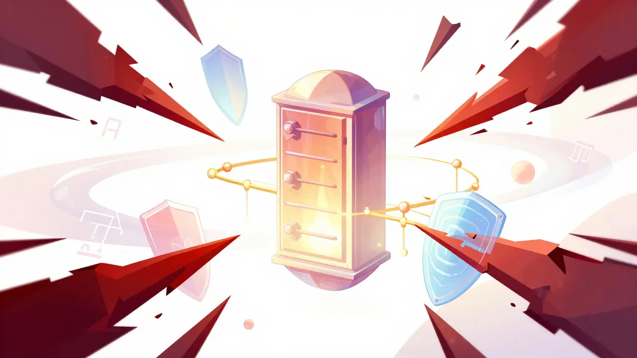 Abstract depiction of a glowing data vault protected by holographic shields from digital glitches.