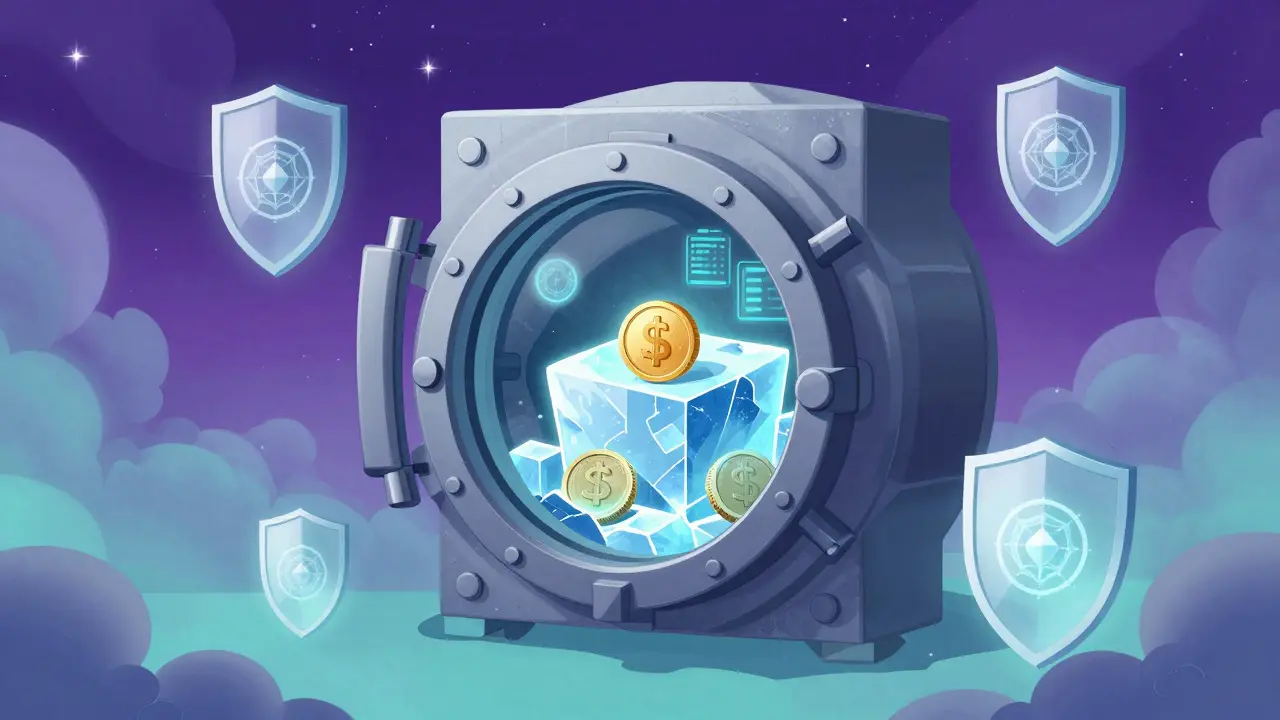 Abstract depiction of digital coins stored in ice blocks inside a floating futuristic security vault.