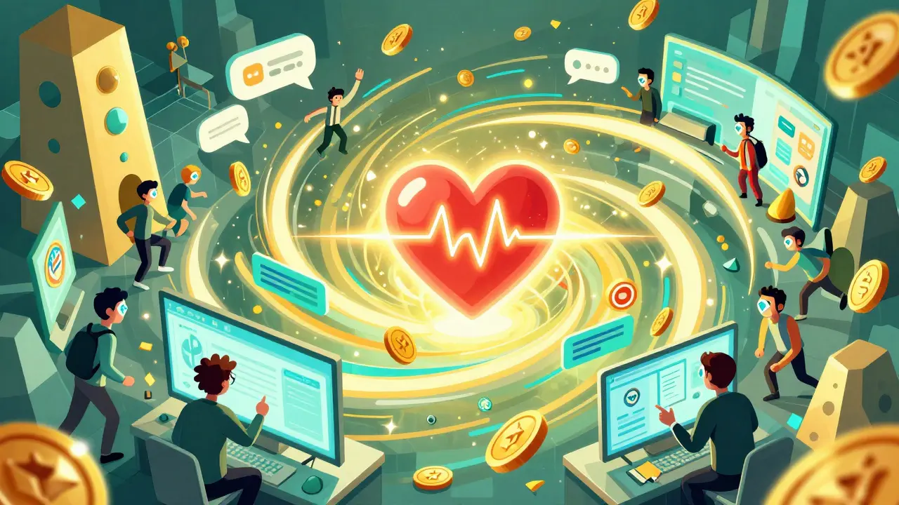 Abstract digital war room with a pulsing heart and floating chat bubbles in a geometric fortress.