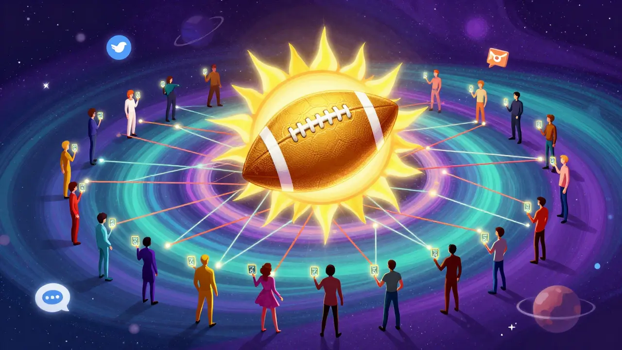 Abstract illustration of a global community connected to a glowing golden football