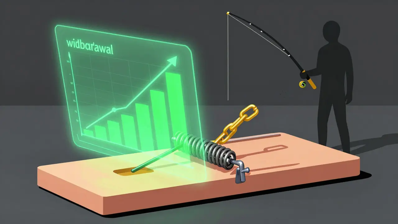Abstract illustration of a profit dashboard acting as bait in a giant mechanical trap.