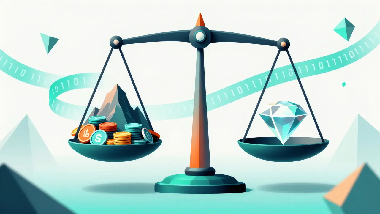 Abstract illustration of a scale weighing a mountain of tokens against a single glowing diamond token.