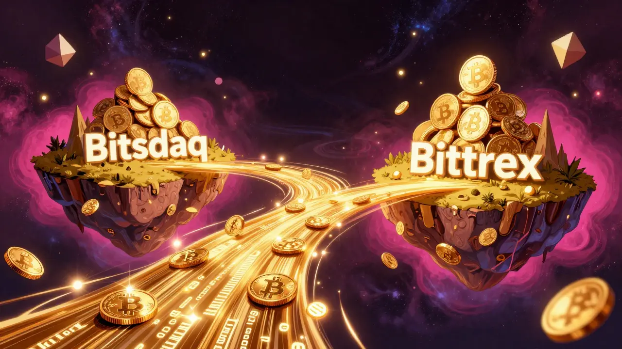 Abstract illustration of two digital islands connected by a glowing golden river of coins.