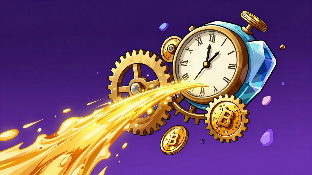 Abstract mechanical gears made of gemstones and coins with flowing golden light.