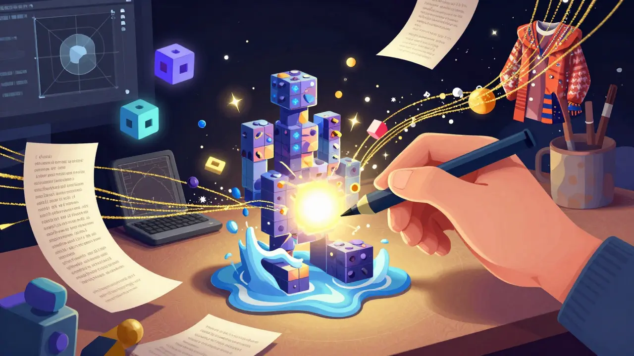 An artist sculpting a 3D model from liquid light and floating digital code blocks.