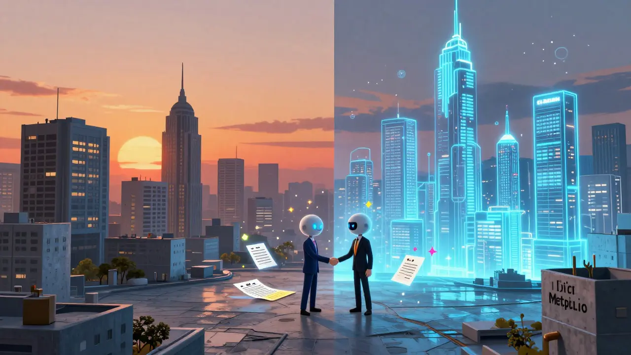 Conceptual art of a real city and its digital twin with AI agents interacting