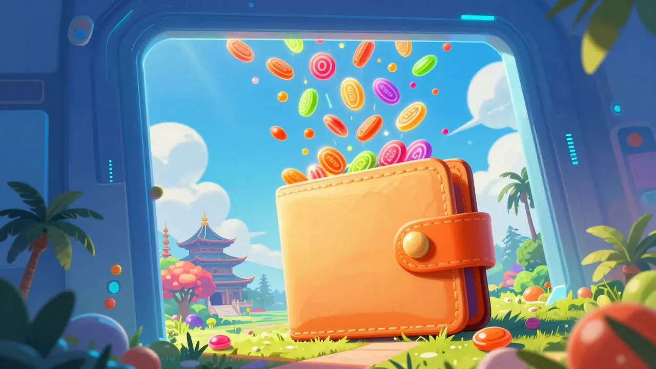 Digital gateway pouring glowing colorful tokens into a giant stylized wallet.