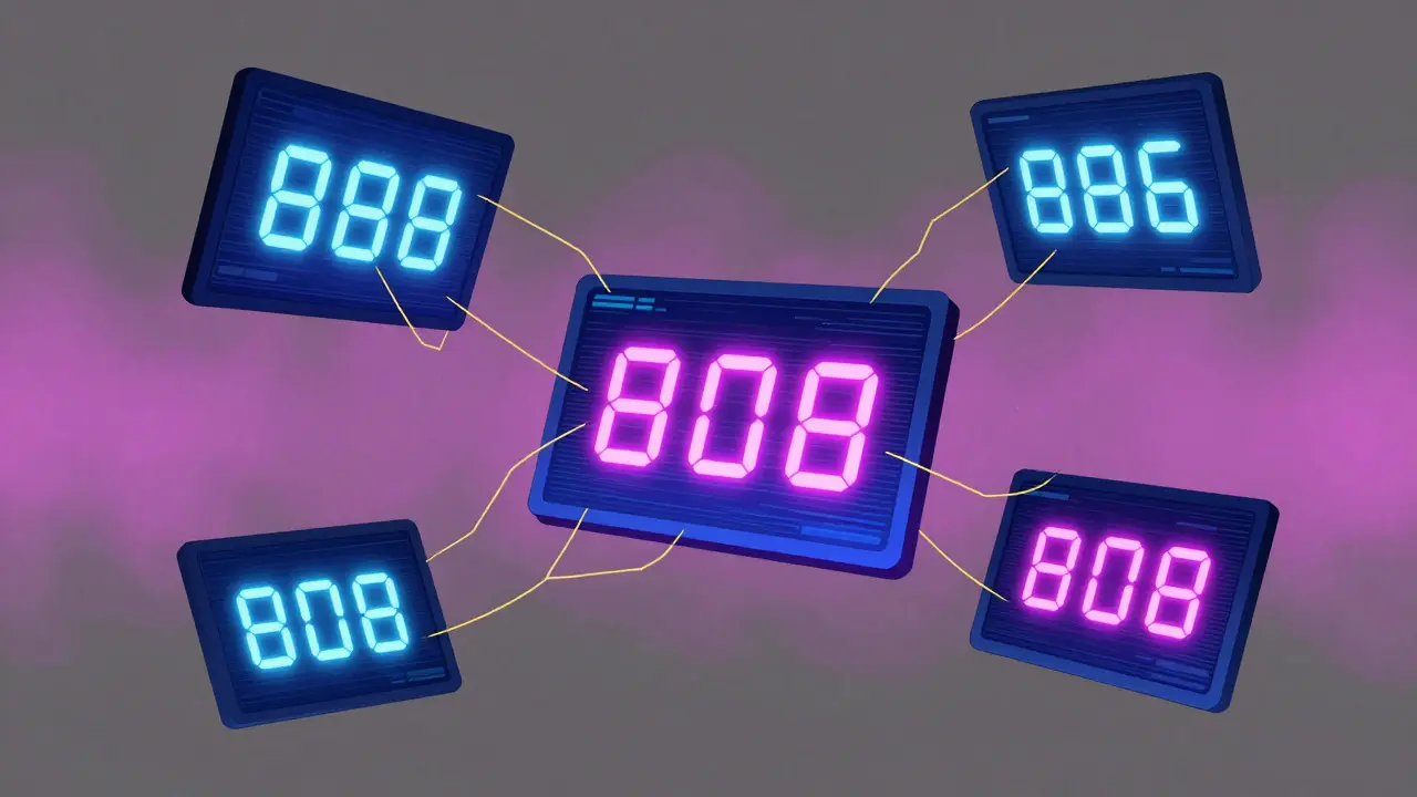 Floating digital screens showing different prices in a surreal void