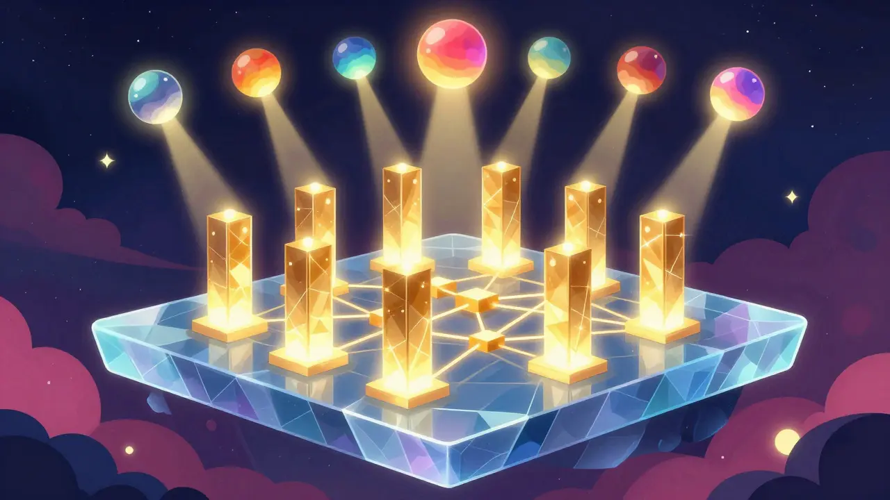 Glowing spheres casting light beams to elected pillars in a cosmic digital network.