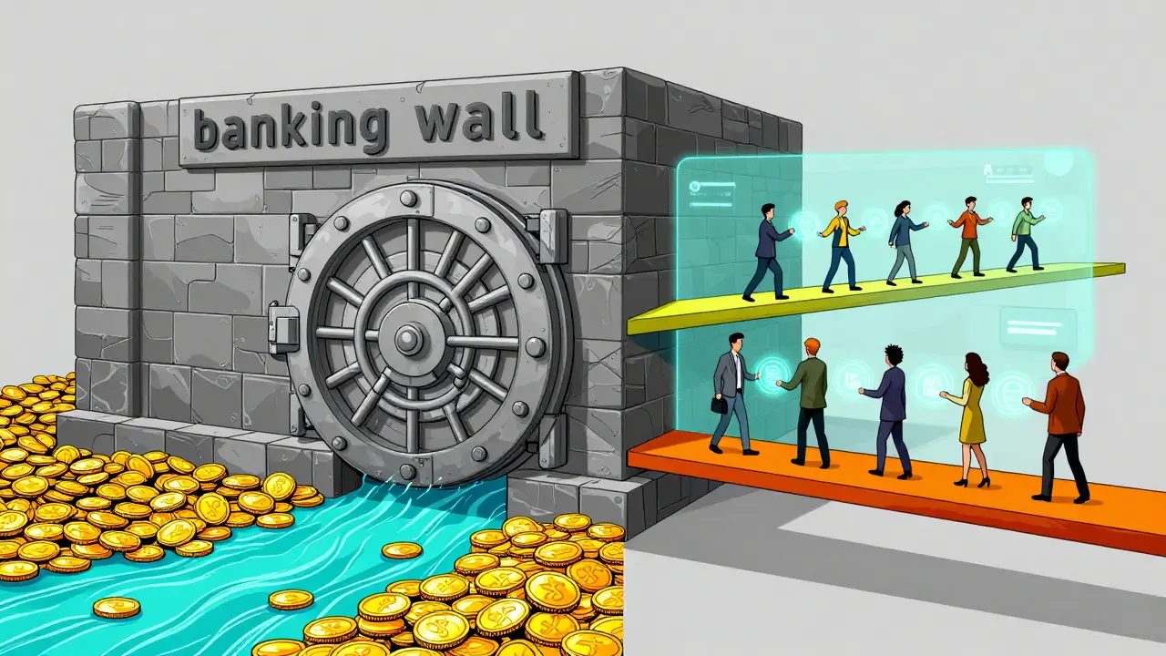 People exchanging glowing digital spheres across bridges to bypass a giant bank wall.