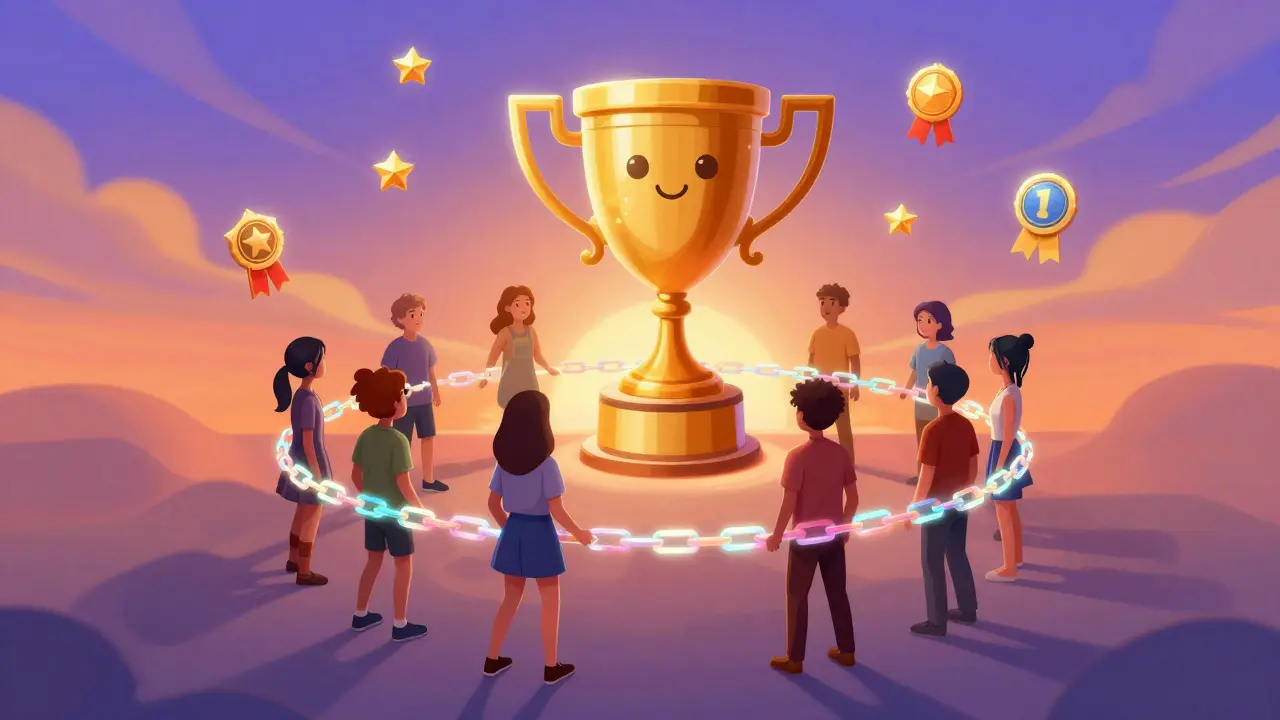 Stylized characters linked by light protecting a giant golden meme trophy in a surreal landscape.