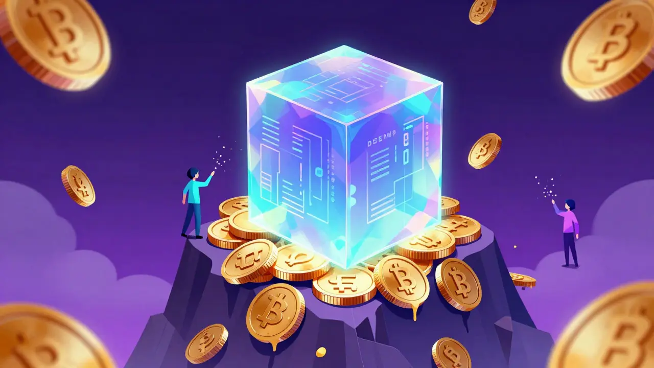 Stylized figures offering shimmering sparks to a giant iridescent block atop melting gold coins.