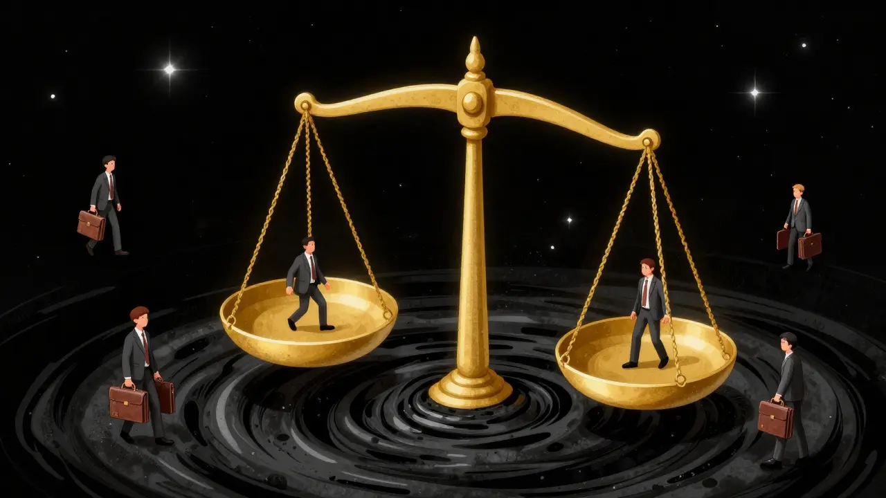 Surreal art of a broken scale of justice floating near a black hole in space.