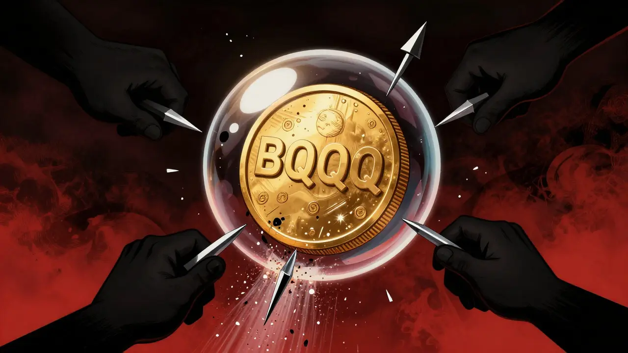 Surreal art of a golden BQQQ coin bubble being popped by shadowy hands.