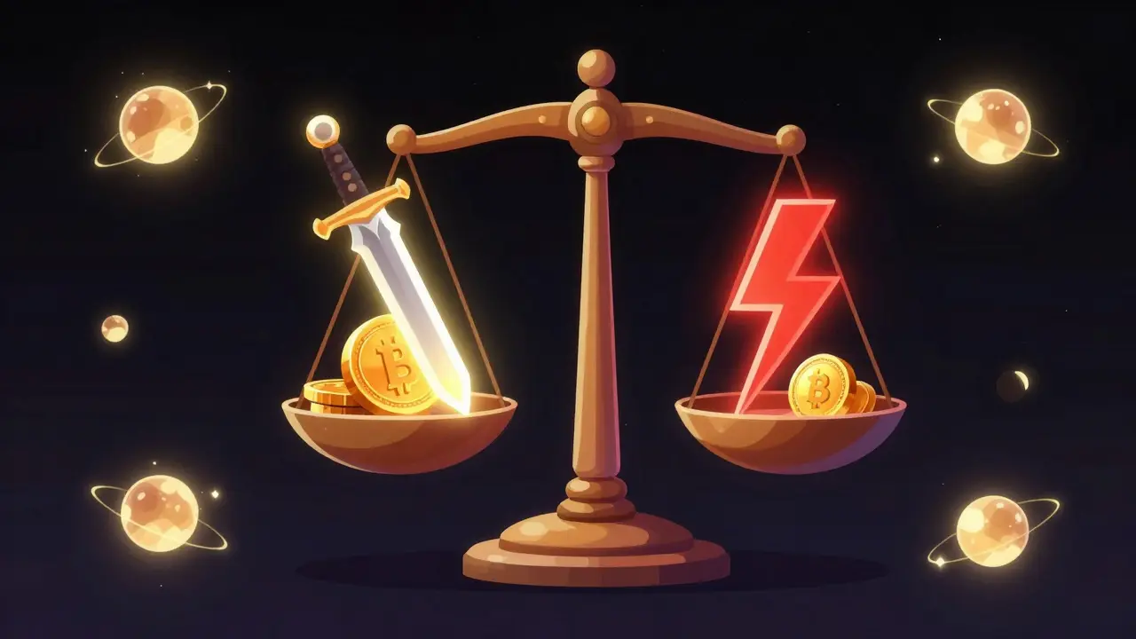 Surreal balance scale with a gaming sword and token against a backdrop of glowing orbital nodes.