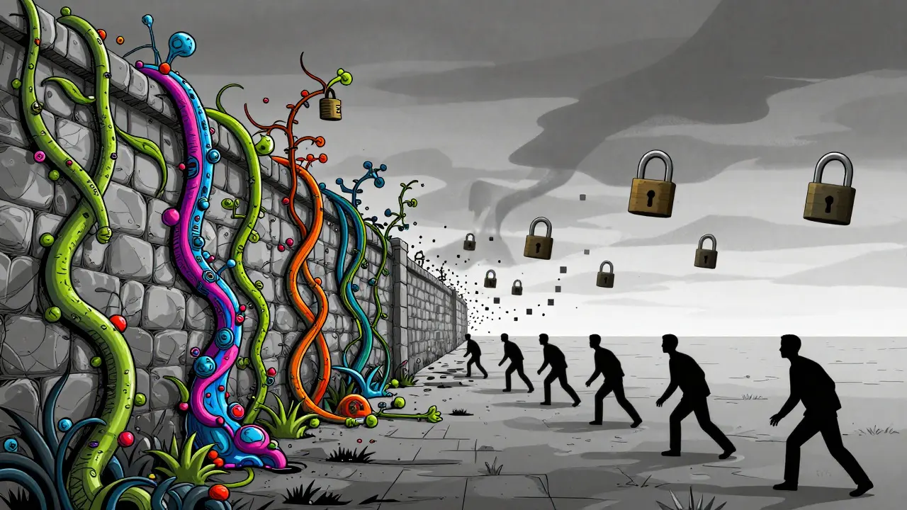 Surreal border scene with pixelated figures dissolving near a locked barrier.