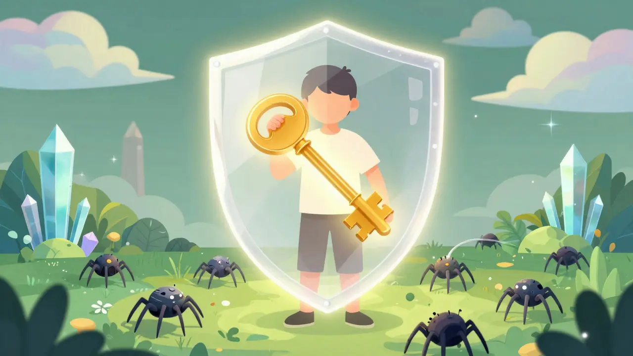 Surreal cartoon of a person holding a golden key protected by a glowing shield from robotic spiders.