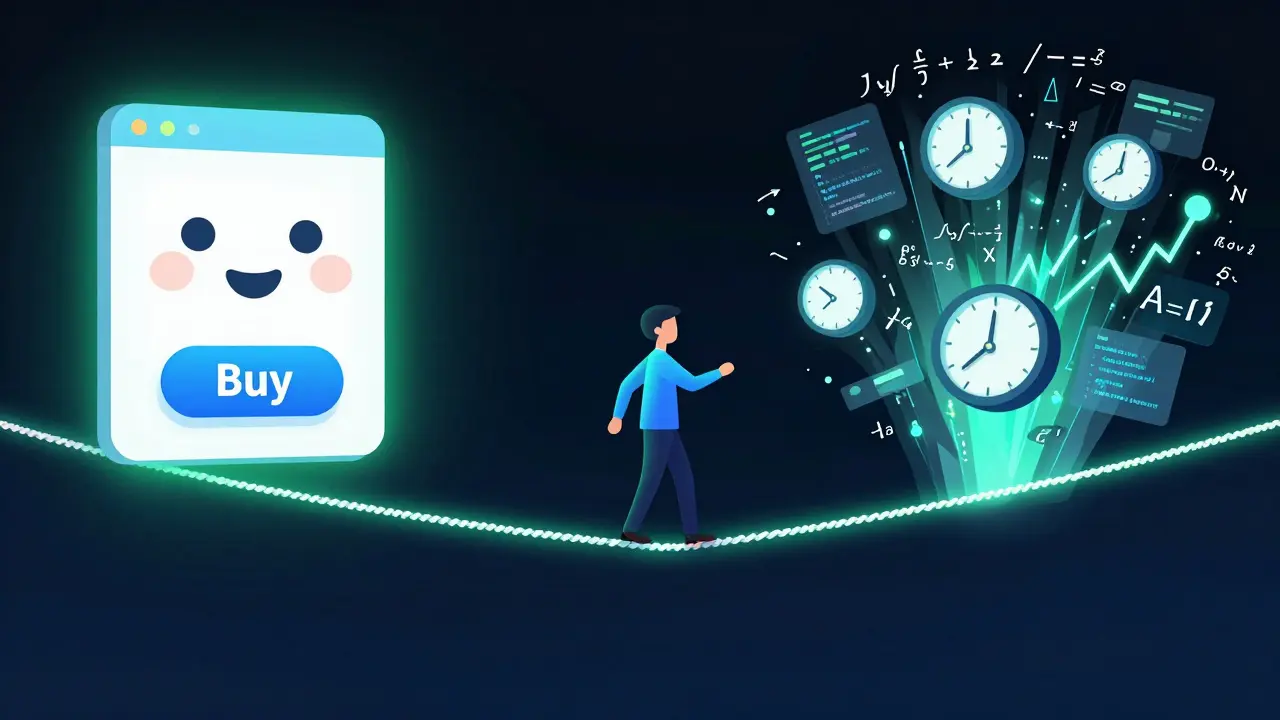 Surreal cartoon of a trader balancing between a simple crypto interface and complex technical charts.