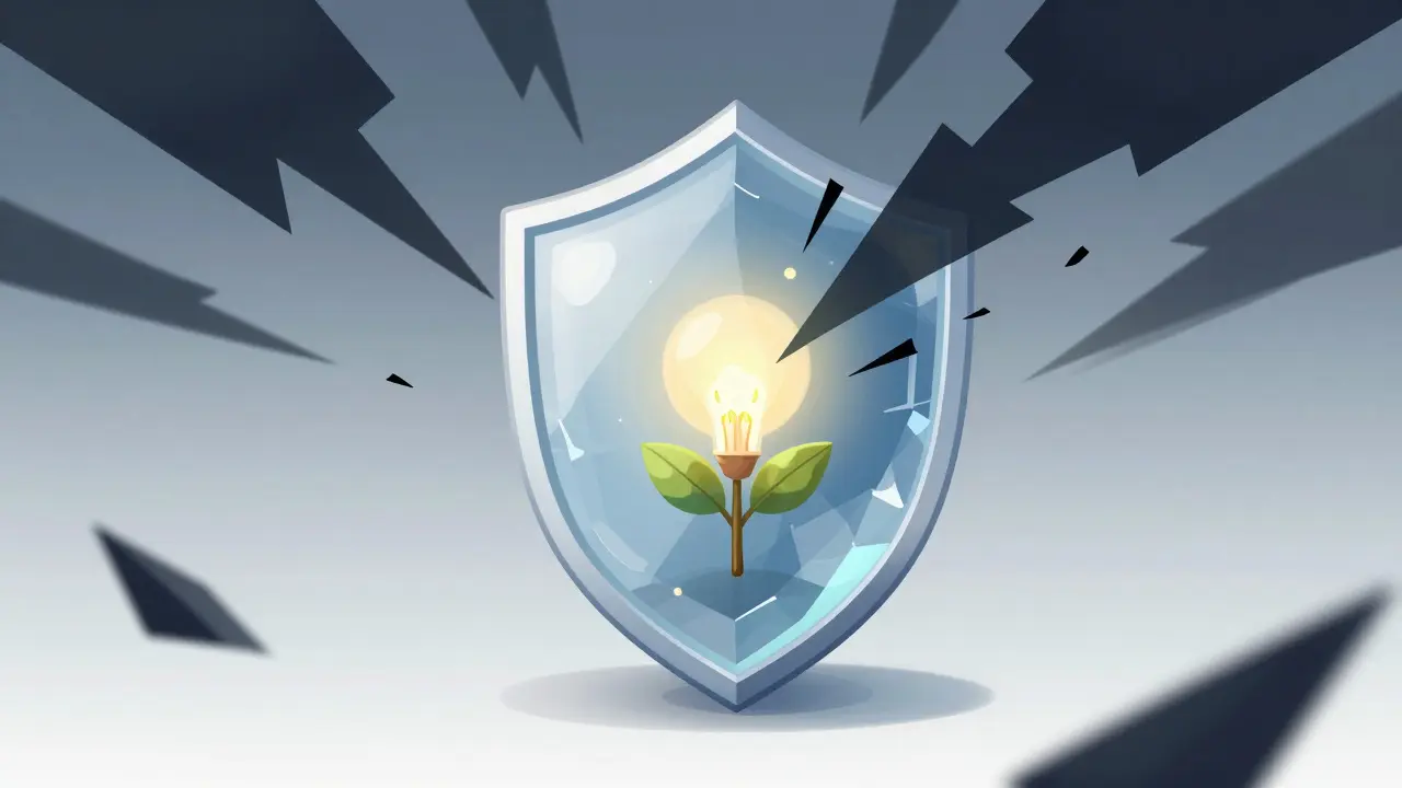 Surreal depiction of a crystalline shield protecting a glowing light from dark shadows.