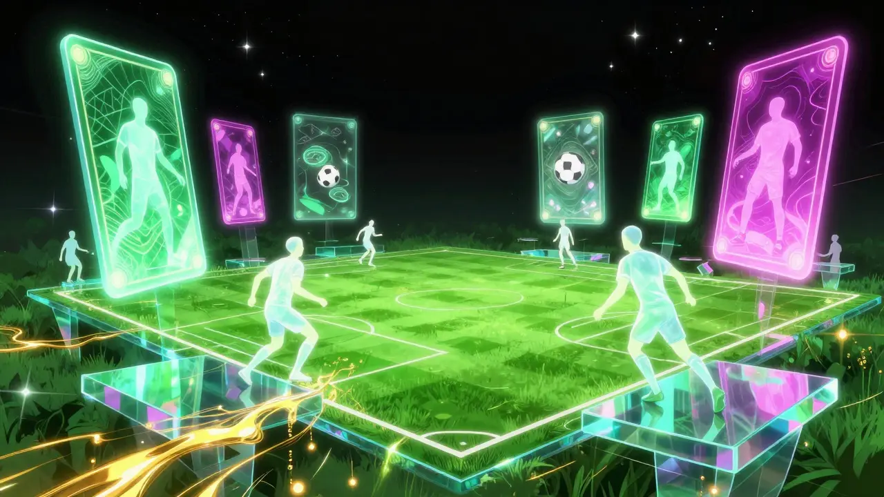 Surreal football metaverse with iridescent floating pitches and holographic player cards