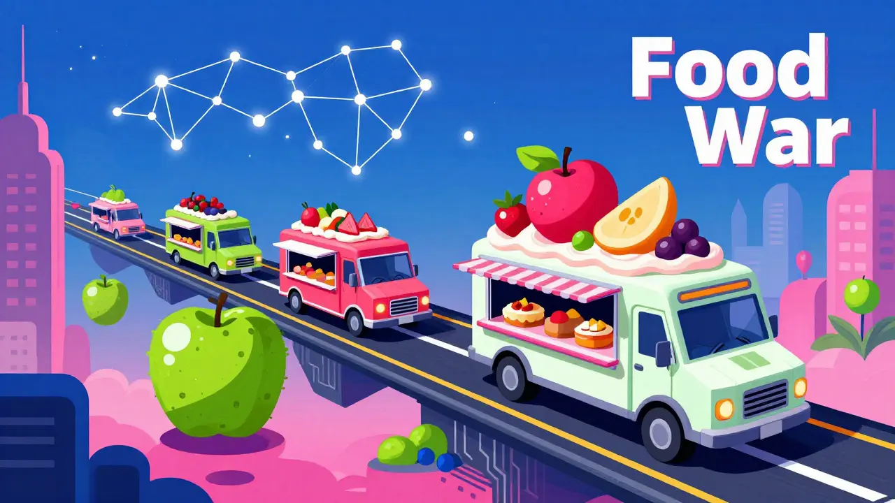 Surreal illustration of futuristic food trucks competing on a digital circuit board road.