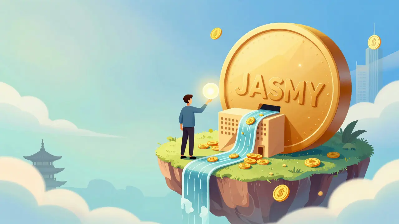 Surreal scene of a person exchanging a glowing data orb for golden coins on a floating coin island.