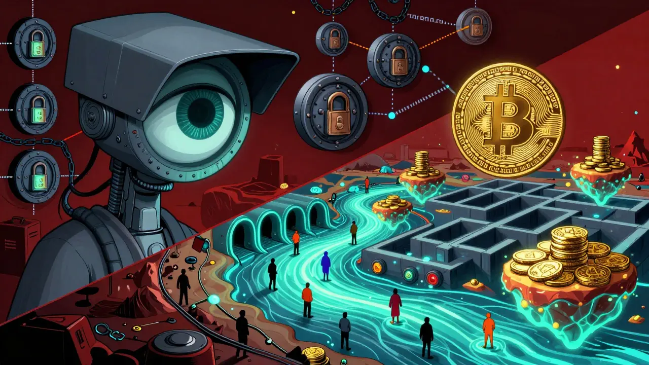 Surreal split-screen image showing state surveillance versus citizens using a digital underground river.