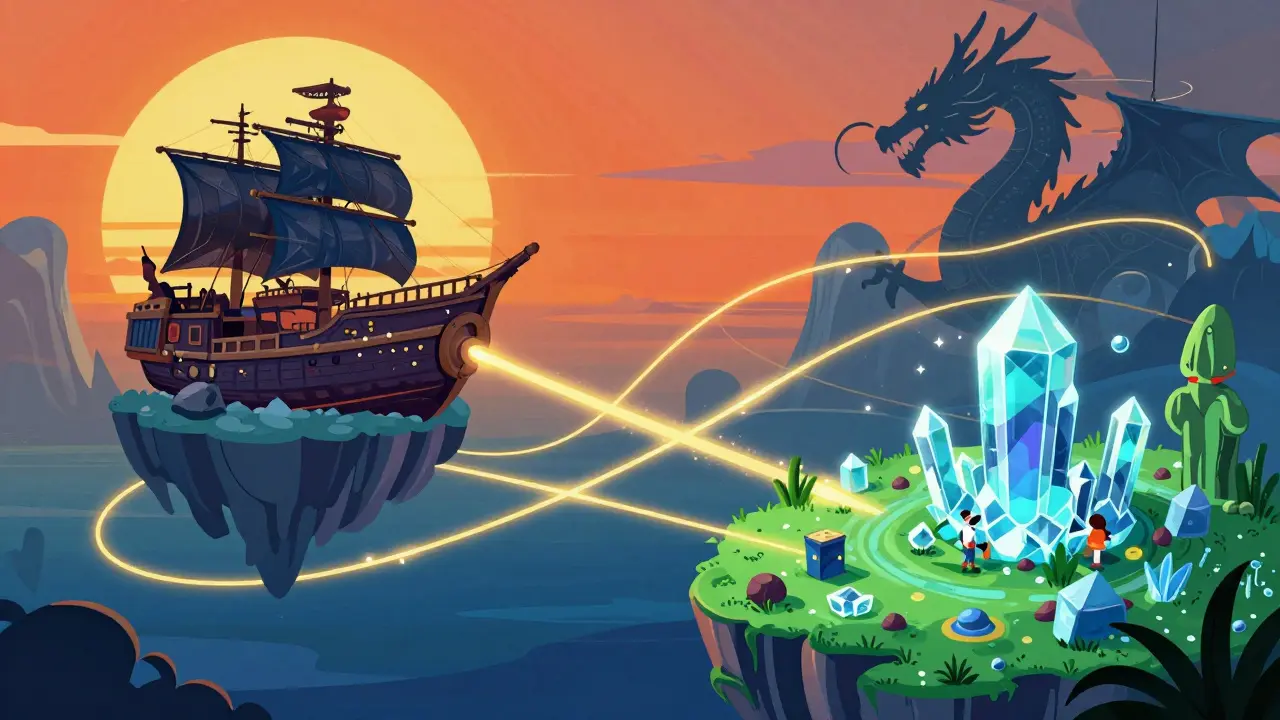 Three surreal floating realms depicting space pirates, dragons, and mining connected by golden energy.