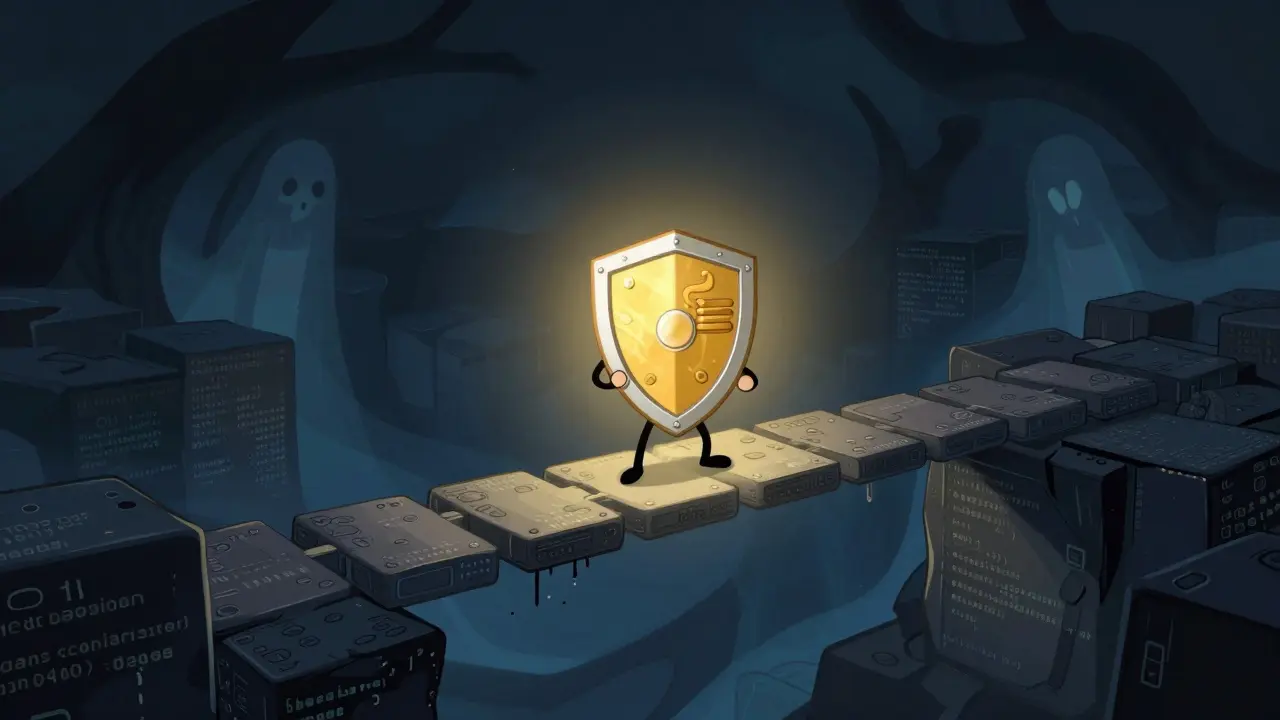 A character on a code bridge holding a glowing shield against shadowy threats.
