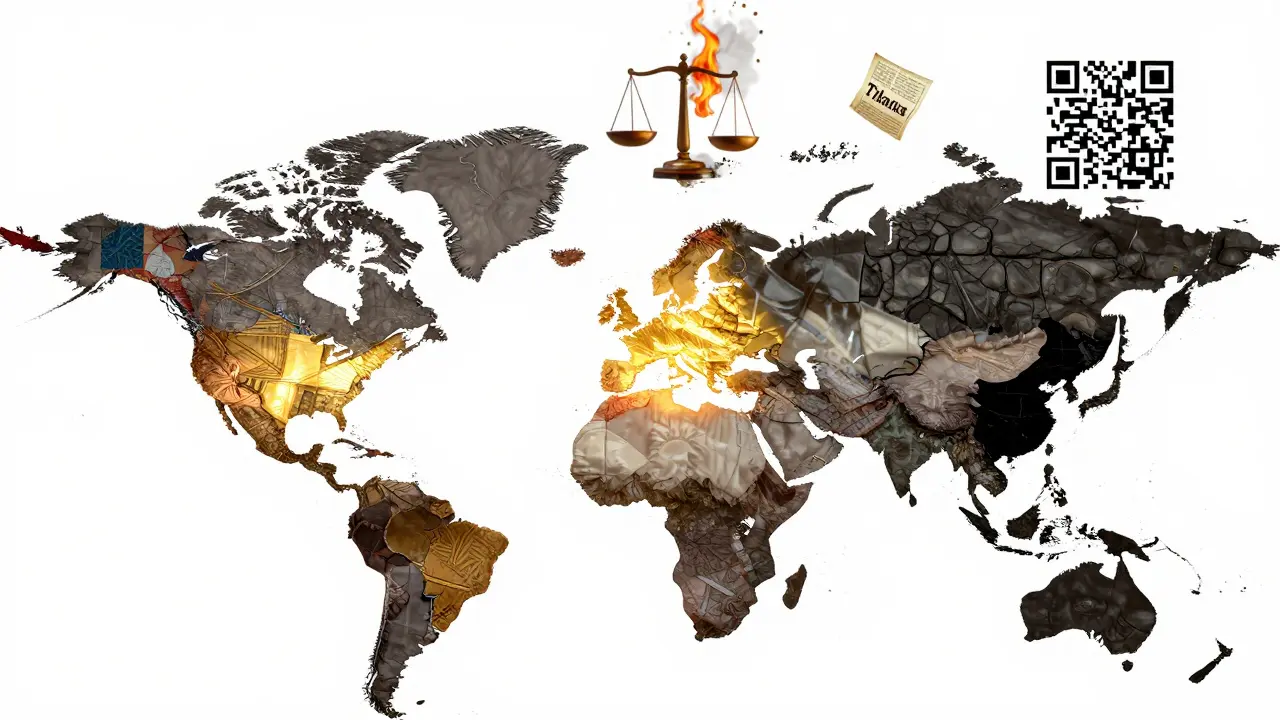 A patchwork world map in cartoon style showing different regulatory textures for real estate NFTs.