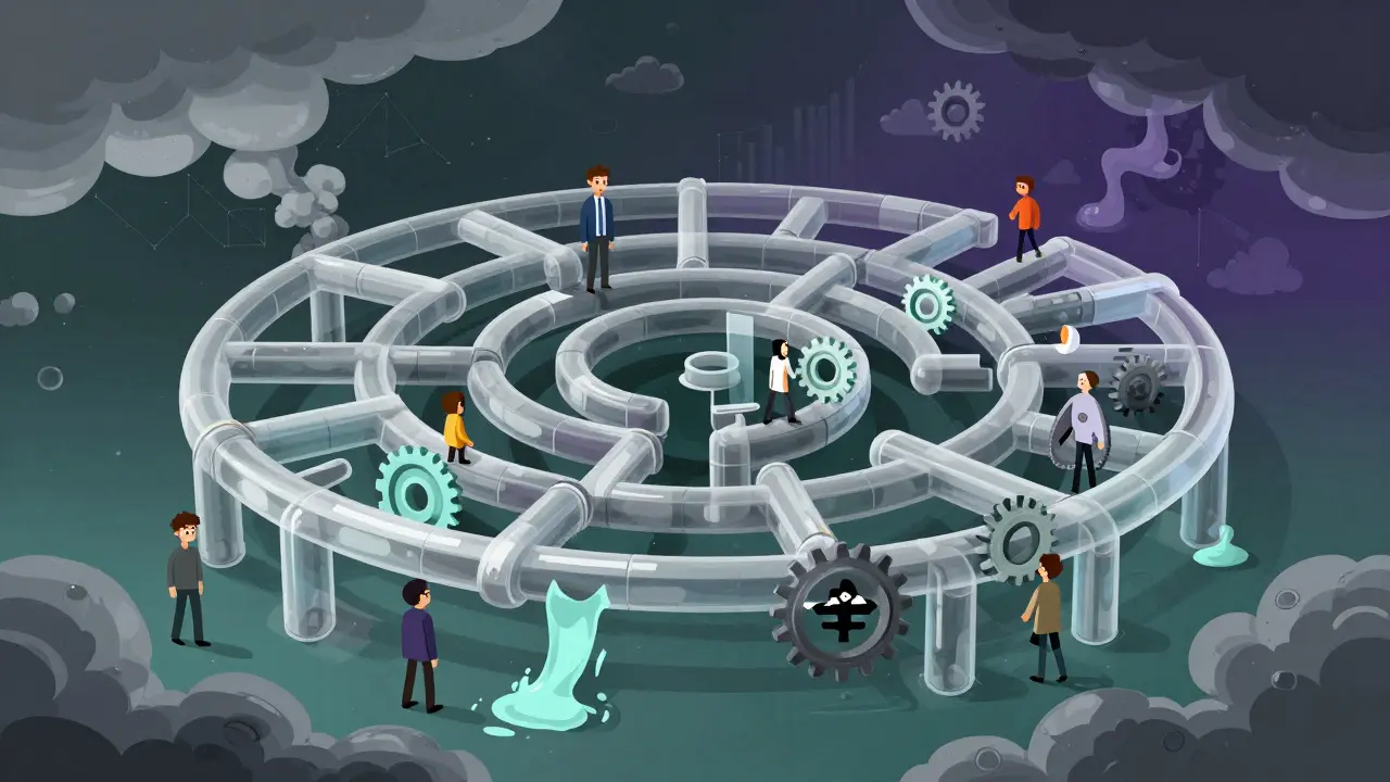Abstract art showing a broken circular maze representing fragile DeFi structures and uncertainty.