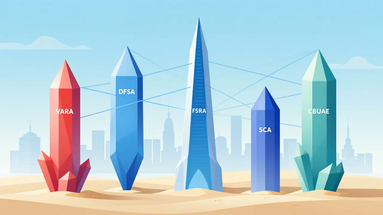 Abstract art showing five colorful pillars representing crypto regulators