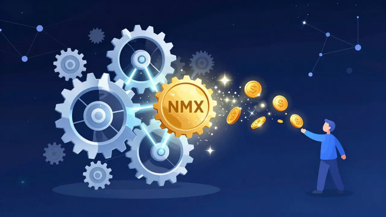 Abstract art showing NMX tokens turning into cashback rewards via glowing gears.