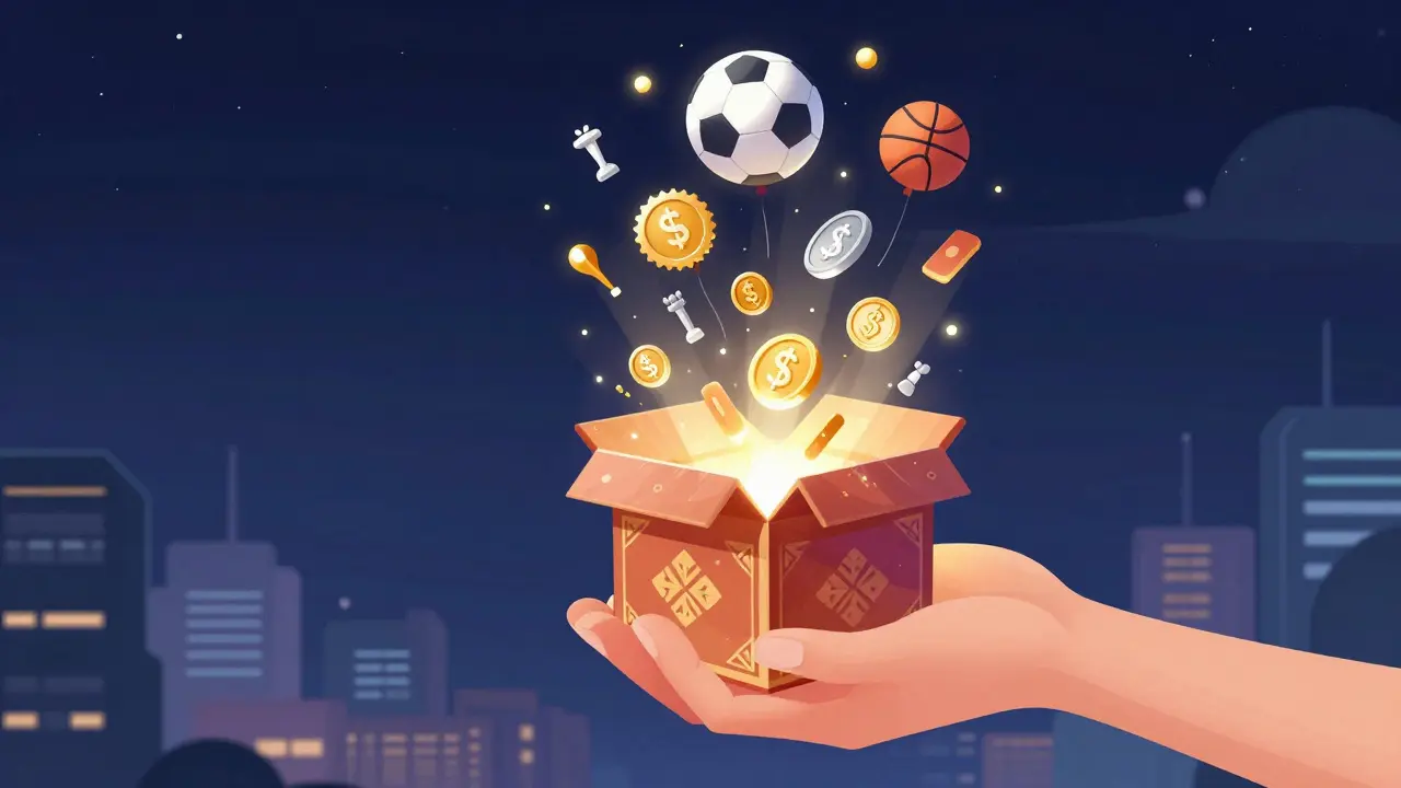 Abstract cartoon of a mystery box bursting with digital tokens and sports icons.