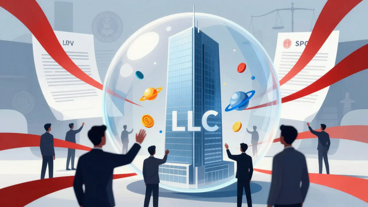 Abstract illustration of a building inside a protective LLC bubble, surrounded by swirling investment tokens.