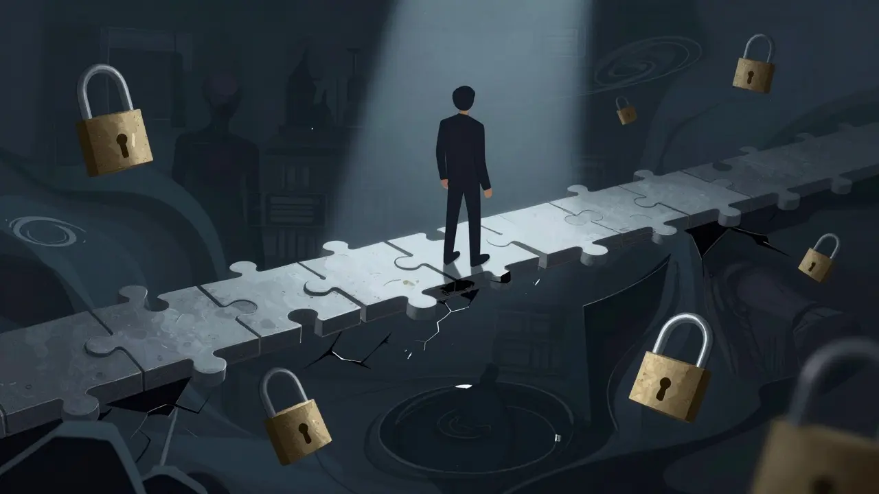 Abstract illustration of a user on a fragile bridge over a dark abyss representing crypto risks.