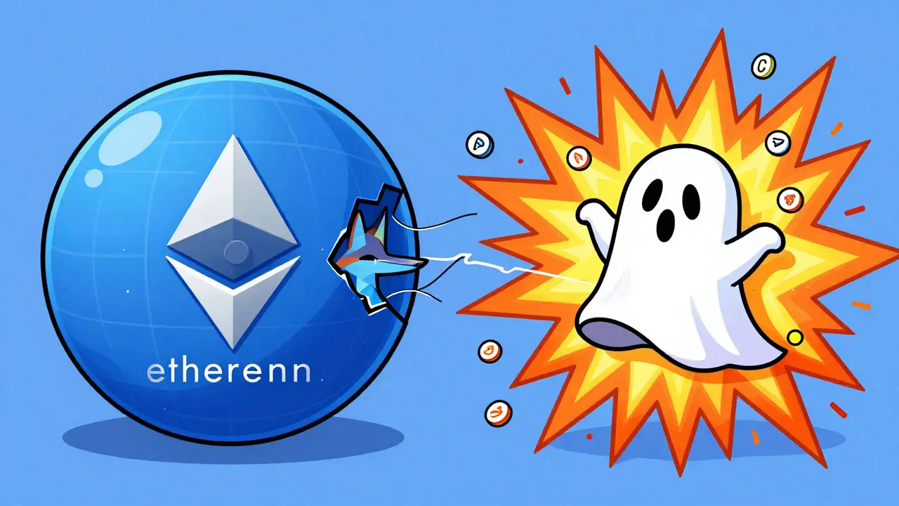 Abstract illustration showing fragmented PERCY tokens split between Ethereum and Solana networks.