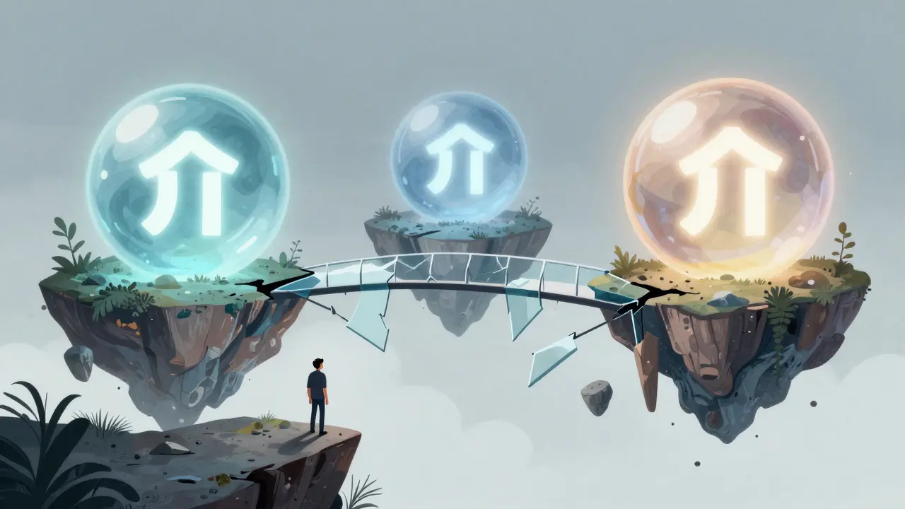 Abstract illustration showing fragmented prices on isolated islands with broken bridges.