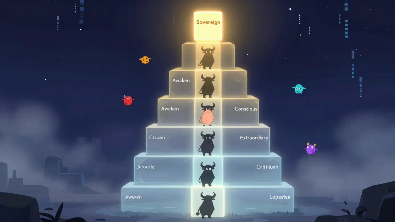 Abstract ladder of glowing tiers representing the ALBP power hierarchy