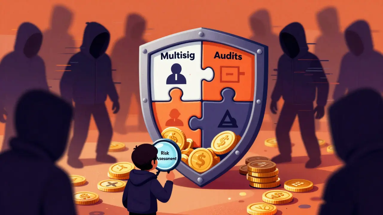 Abstract shield protecting crypto assets from hackers via multisig security