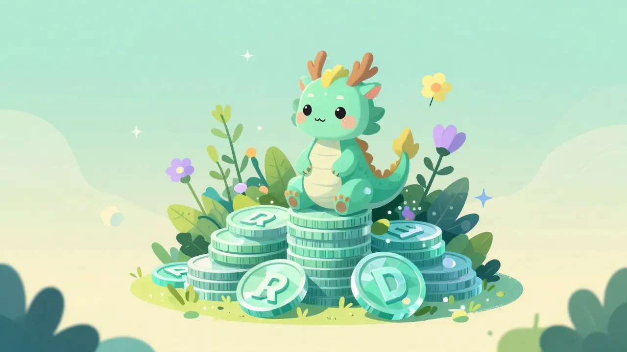 Cartoon dragon sitting on growing crystal tokens transforming into digital plants.