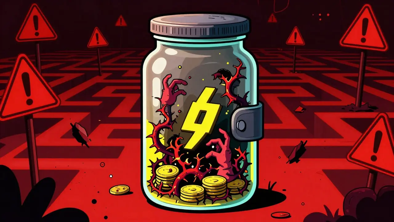 Cartoon illustration of a crypto wallet filled with dangerous thorns and hidden risks