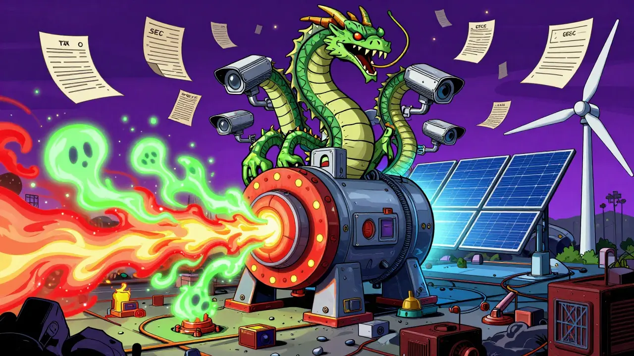 Cartoon mining farm monitored by regulatory hydra heads and energy sources