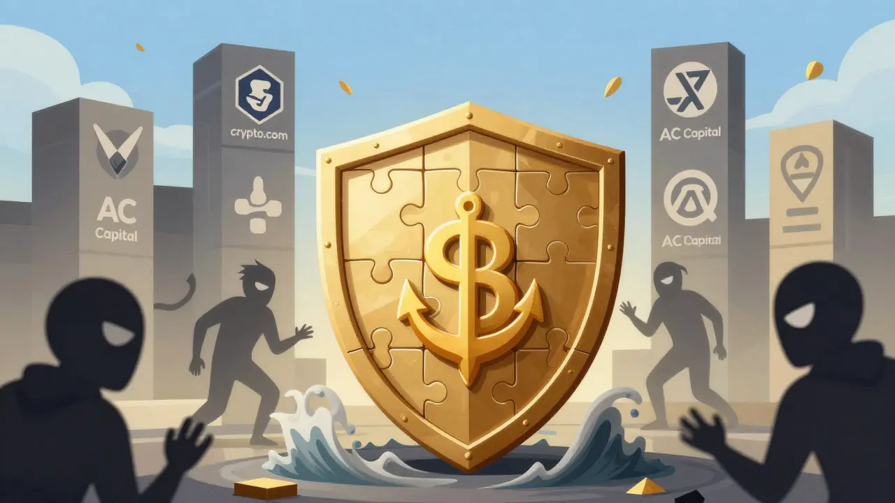 Cartoon shield protecting crypto assets from scams with investor backing symbols