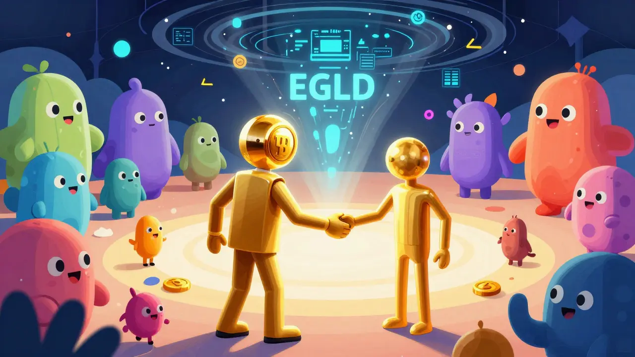Cartoon showing wrapped tokens trading easily in an abstract DeFi marketplace